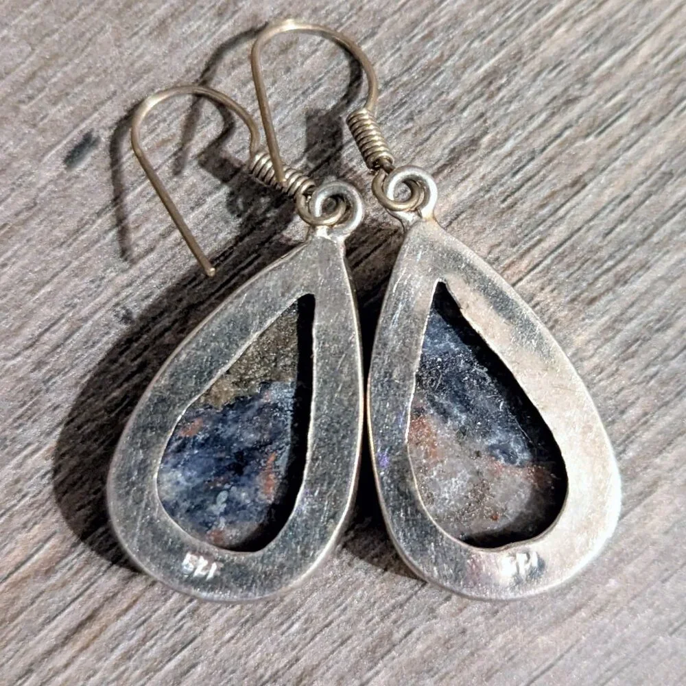 Sterling Silver 925 Dark Blue Orange Natural Sodalite Stone Earrings Fish Hook - Picture 3 of 5